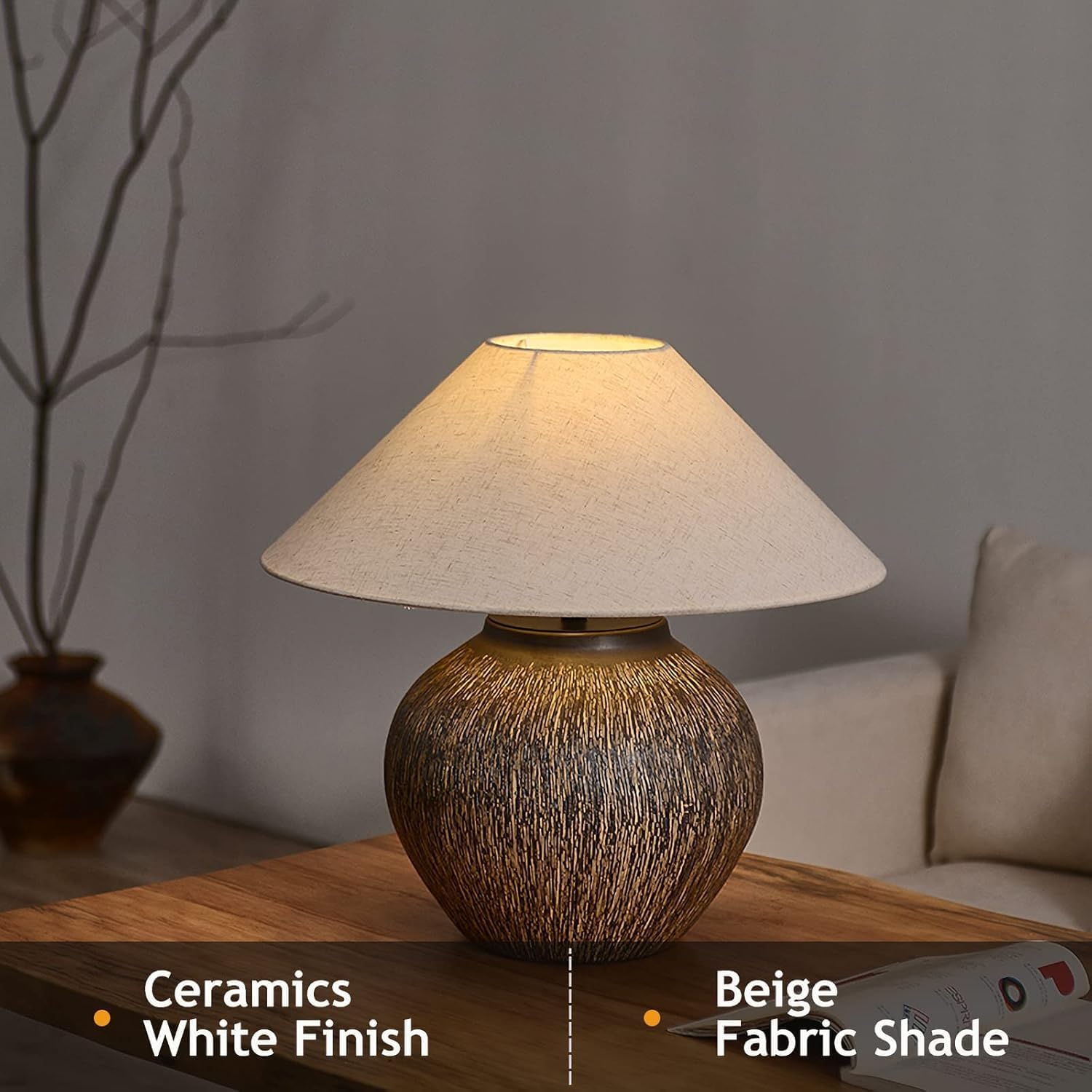 Rustic Farmhouse Table Lamp 20.8' Neutral Ceramic Table Lamp Brown White Checkered Ceramic with Linen Drum Shade Decor Bedside Nightstand for Living Room Bedroom (Small)