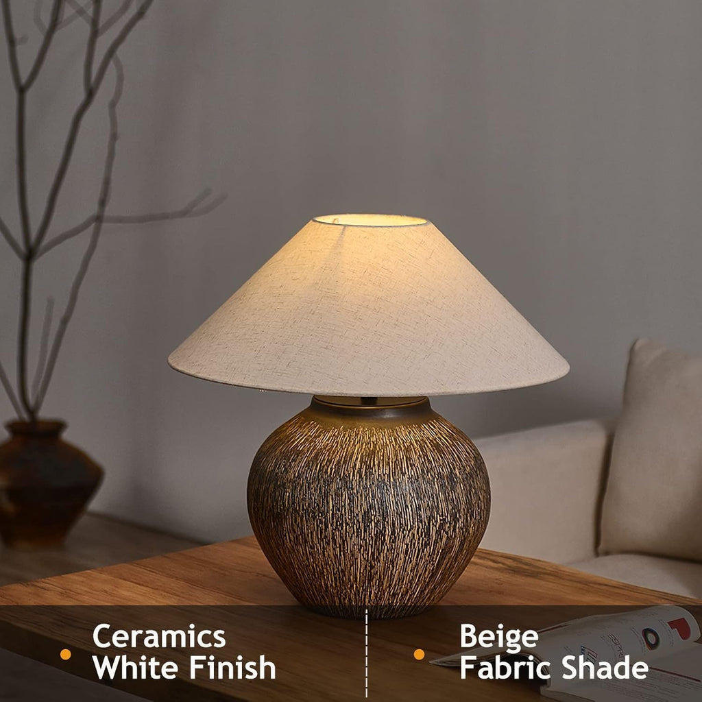 Rustic Farmhouse Table Lamp 20.8' Neutral Ceramic Table Lamp Brown White Checkered Ceramic with Linen Drum Shade Decor Bedside Nightstand for Living Room Bedroom (Large)