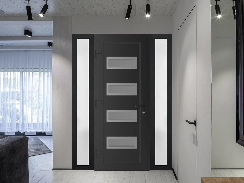 VDOMDOORS Front Exterior Prehung Metal-Plastic Door Mirrored-Clear Glass | Manux 8113 Matte Black | 2 Side Sidelite Transoms | Residential Doors Entrance Patio Garage 56 x 80 (W12+32+12 x H80) RH-I