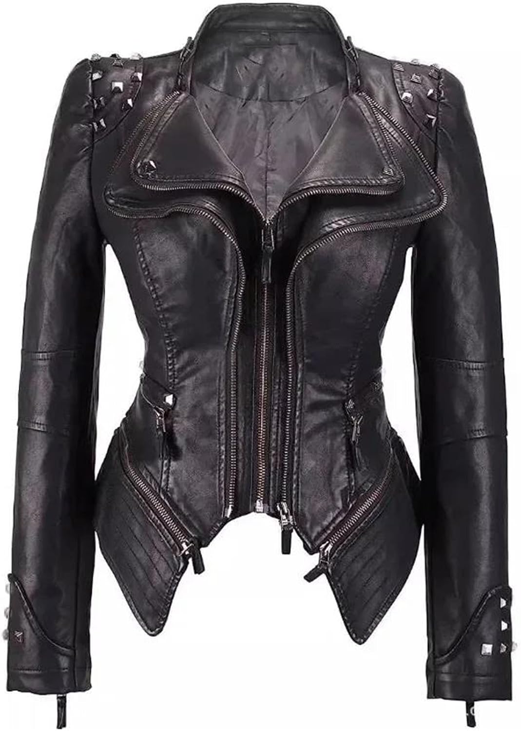 Women's Washed Pu Leather Jacket - Short Turn-Down Collar With Rivet Details Spring Autumn Wear