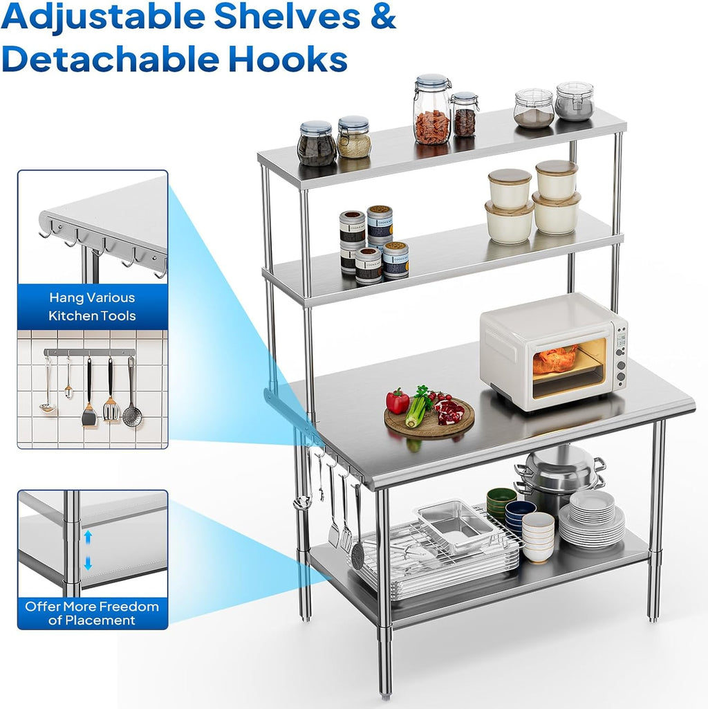 ROVSUN All Stainless Steel Table with Overshelves 48' X 30', NSF Commercial Heavy Duty Pre Table with Adjustable Undershelf & Detachable Hooks for Kitchen Restaurant Hotel Garages