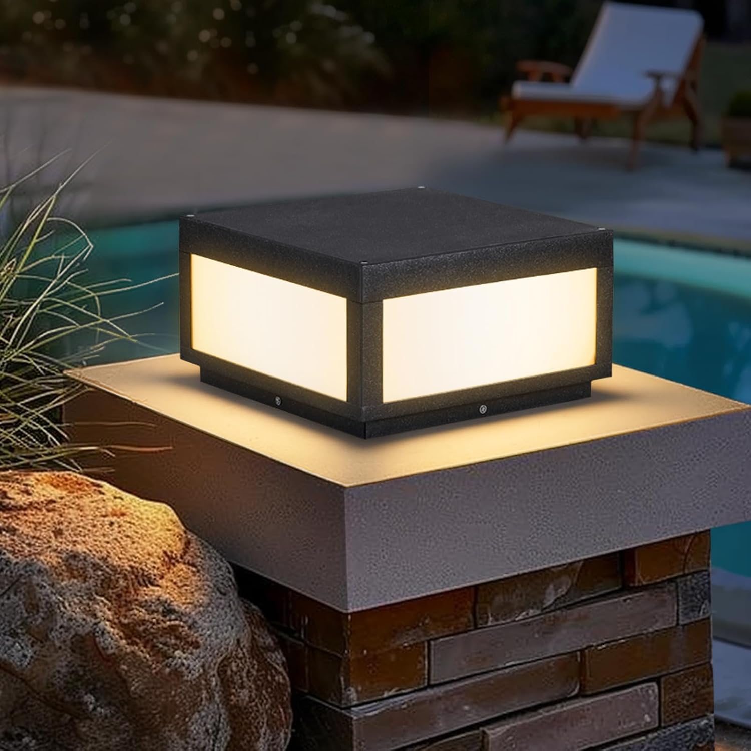 Outdoor Modern Post Light,11.8' Hard Wired Column Caps Lamp Grey Square Post Pillar Lights Waterproof 3000K Luxury LED Lighting with E26 Bulb for Patio Garden Decoration