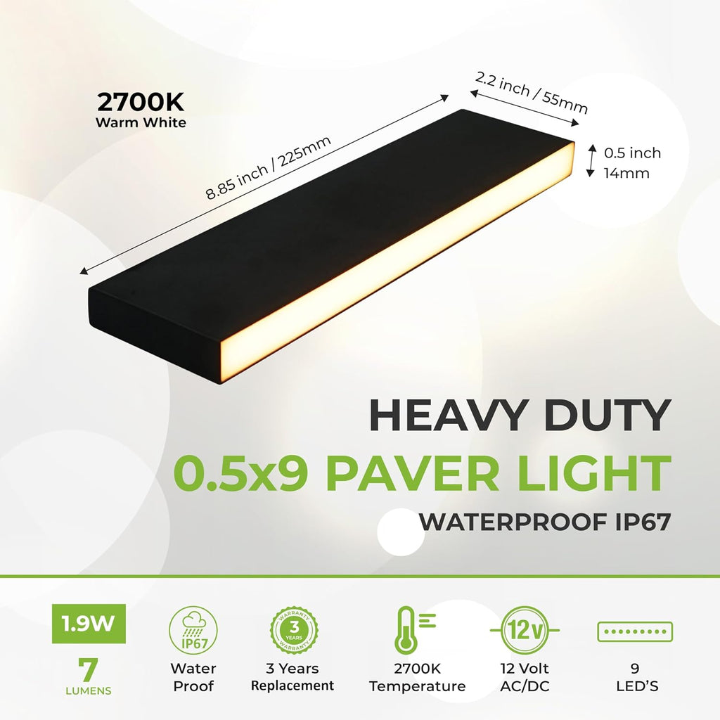 LUMENGY Slim Paver Light 0.5x9 Inch (0.55x8.85), for Driveway, Pathway, Walkway and Paver Borders, 2700K Glare-Free Linear Lighting, IP67 Waterproof, 12V, Drive-Over Rated, 12-Pack