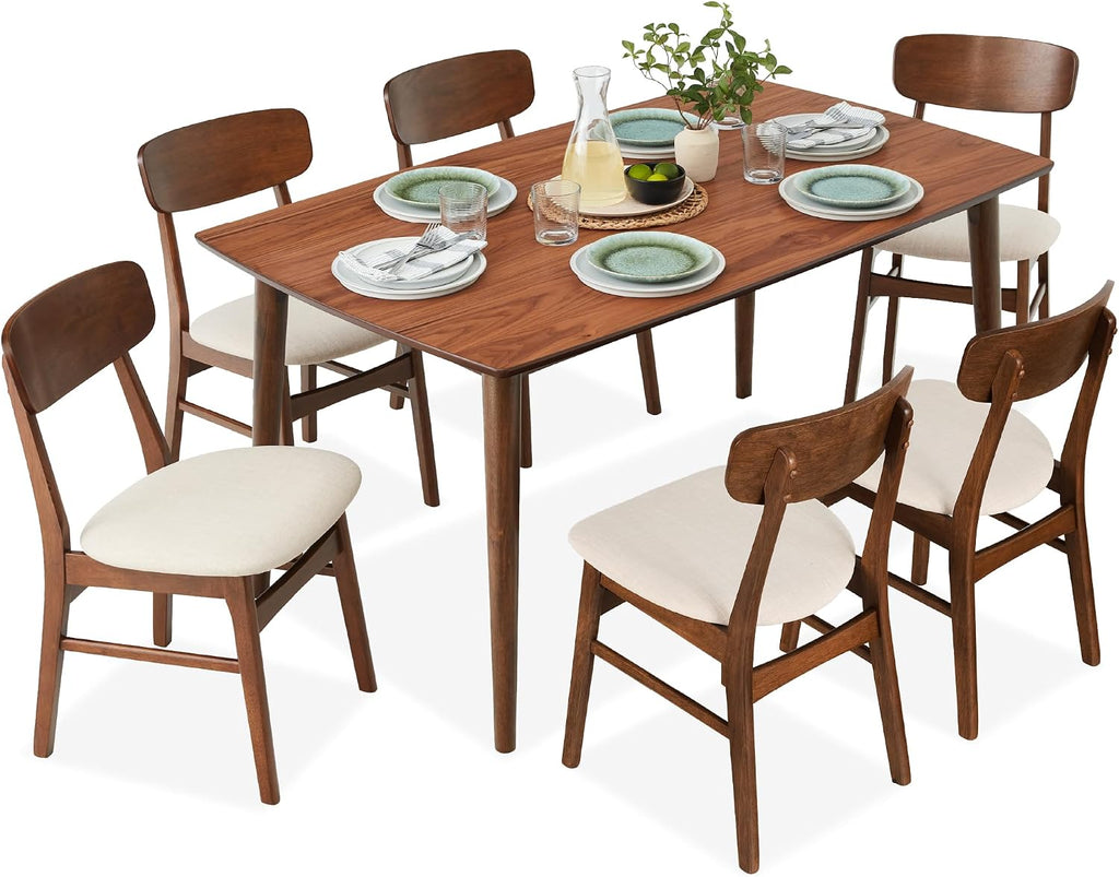 Best Choice Products 7-Piece Wooden Dining Room Table Set, Mid-Century Modern, Kitchen Table w/ 6 Chairs, Upholstered Cushions, Curved Backrests, Rounded Table Corners - Walnut/Cream