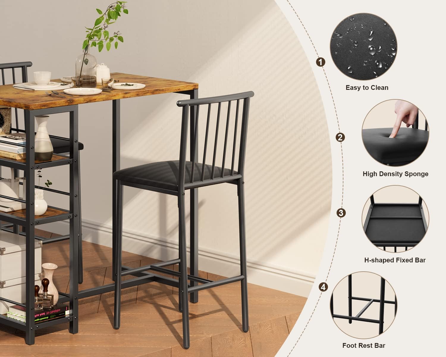 Gizoon Dining Table Set for 2 with 3 Storage Shelves, Kitchen Table and Chairs for 2 with Pu Cushion Chairs & Thick Wood Top, 3 Piece Dining Table Set for Small Space, Apartment - Retro