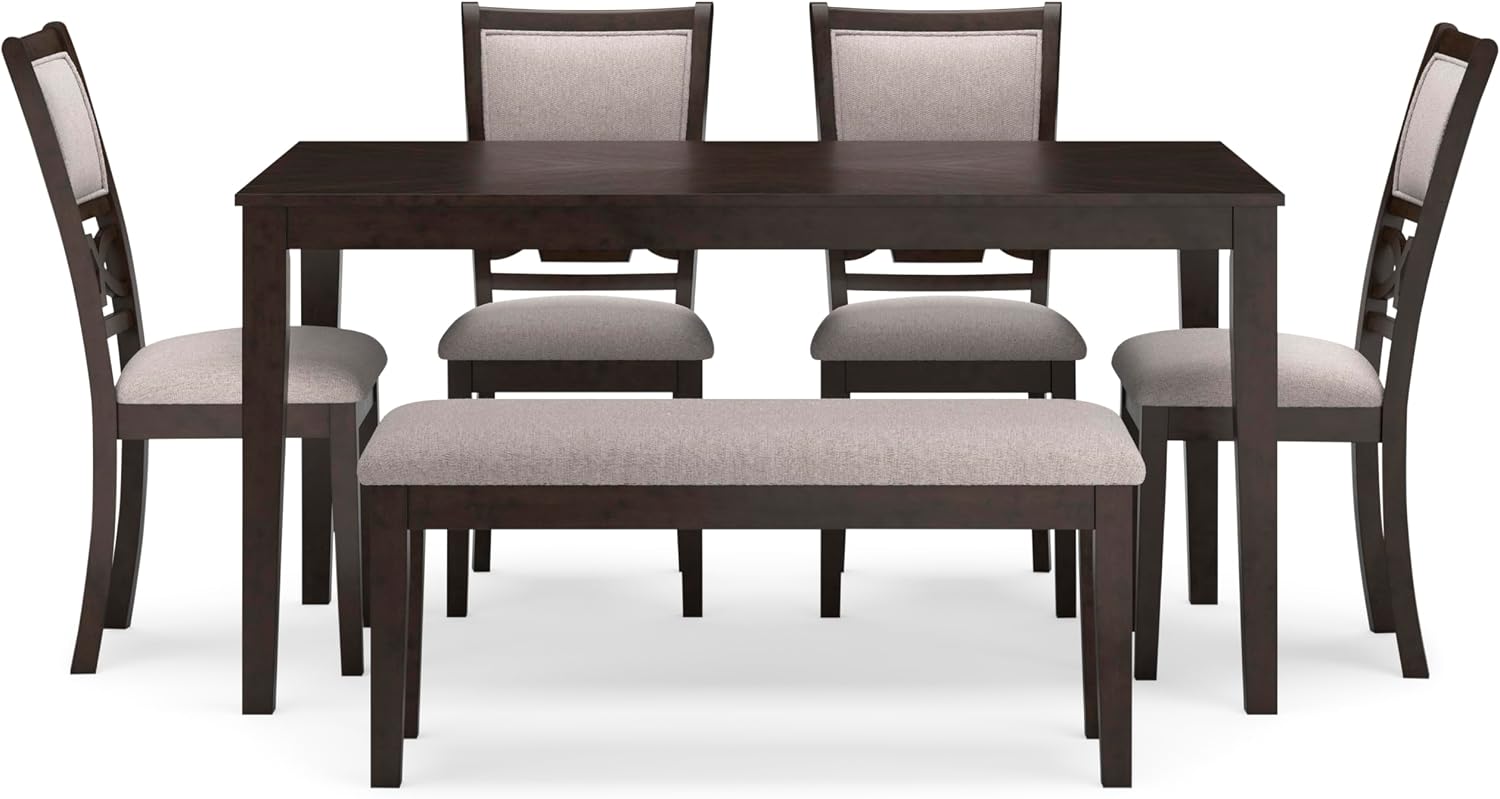 Signature Design by Ashley Langwest Dining Room Table Set, 4 Upholstered Chairs and Bench, Seats 6, Cushioned Seats, Wood, Cherry Brown