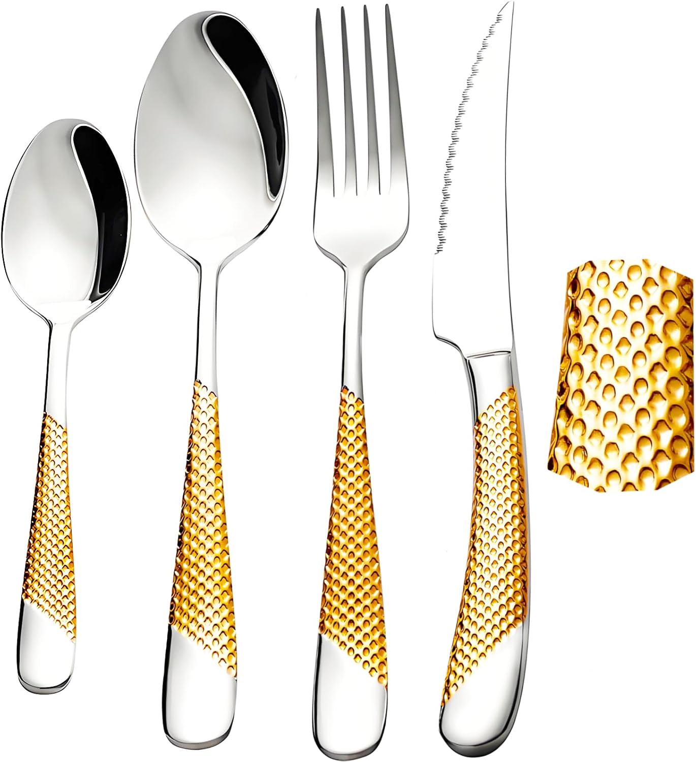 Gold Silverware Set 32 Piece Flatware Cutlery Set Service for 8,18/10 Stainless Steel Heavy Duty Hammered Handle Mirror Polished Dishwasher Safe Luxury Unique Utensil Sets for Home Kitchen Wedding