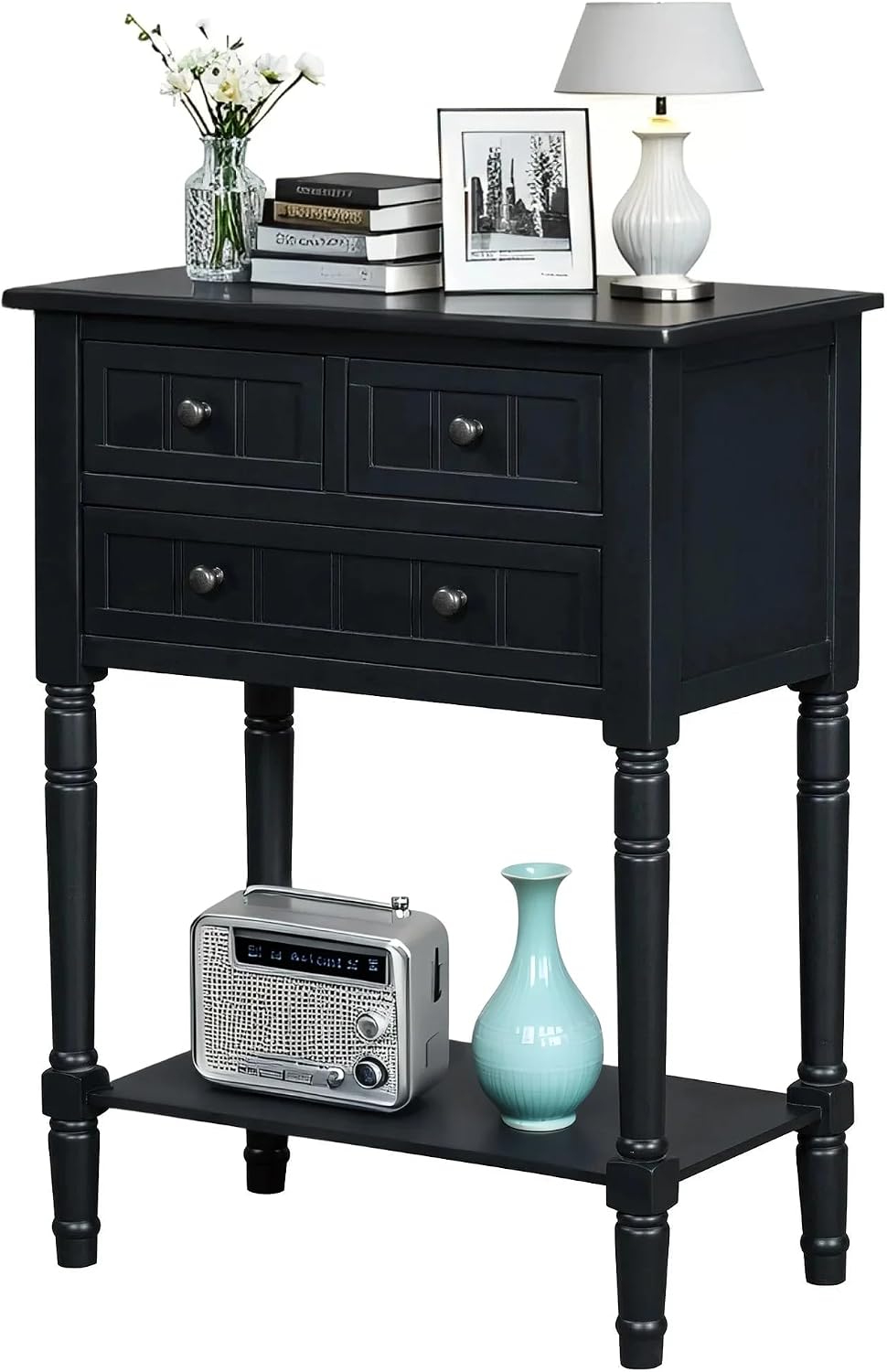 LKTART Solid Wood Sofa Table,Console Table with Drawers and Bottom Shelf, Entryway Hallway Foyer Entry Table for Living Room(23.7' Black)