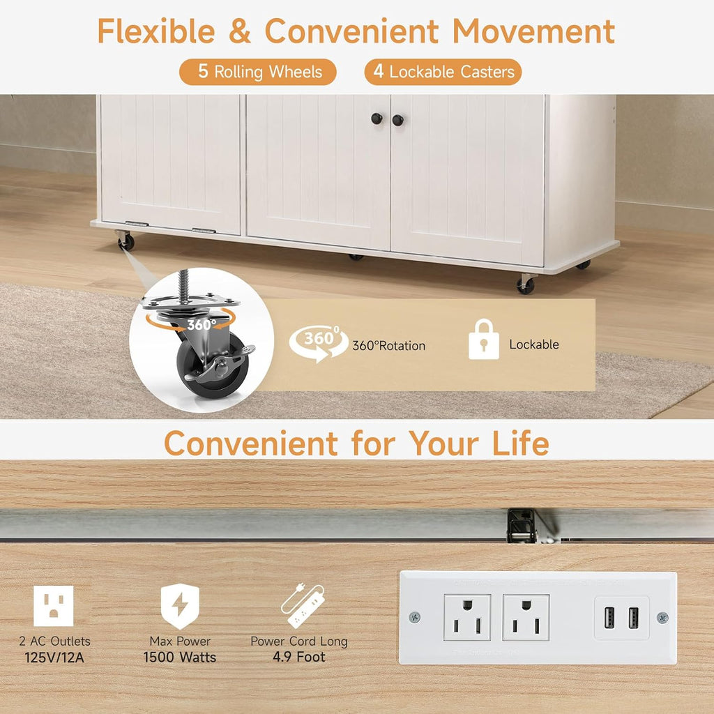 60' Kitchen Island with Power Outlet & Drop Leaf, Kitchen Rolling Island with Spice Rack & Towel Rack, Knife Holder, Kitchen Island Cart with Trash Storage Cabinet, Mobile Island Table for Kitchen