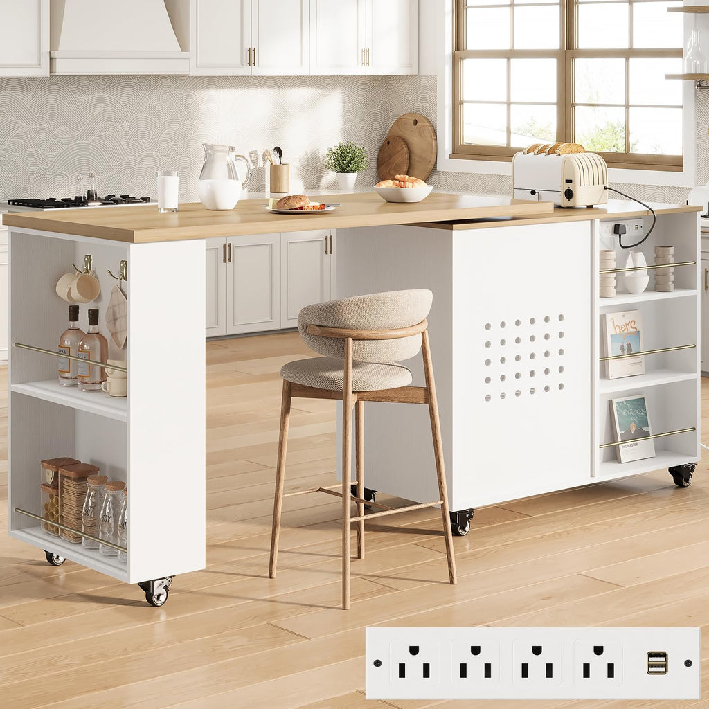 HSH Kitchen Island with 360° Swivel Table & Power Outlet, Rolling Kitchen Island Cart with Storage & Seating, Mobile Wood Kitchen Island Table with Cabinet, Drawers & Shelves on Wheels, Light Oak