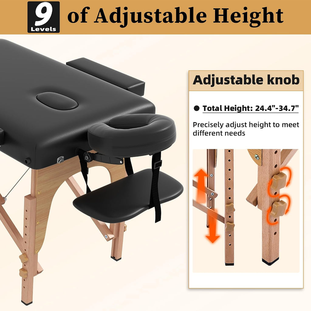 civama Massage Table Massage Bed Portable, 29 LBs Light Weight 2 Section Foldable Tattoo Bed Facial Care Spa Lash Bed Height Adjustable Sturdy Wooden Frame with Accessories Carrying Bag, Black