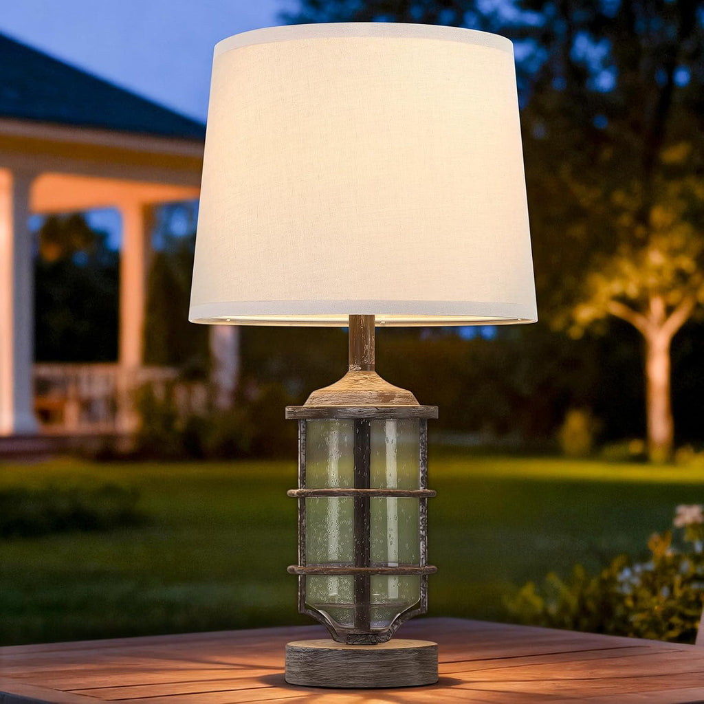 Outdoor Table Lamp, Farmhouse Lamp for Patio Table Decor with Cord, Rustic Table Light with Seeded Glass, 23.5' Plug-in Outdoor Lamps for Patio Waterproof, LED Bulb Included (Antique White Color)