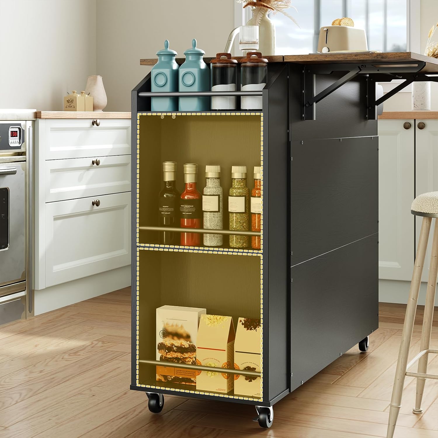 HOOBRO Kitchen Island with Drop Leaf Countertop & Power Outlet, Rolling Island Cart on Wheels, Kitchen Cart with Drawer & Spice Rack, Mobile Island Table for Kitchen, Black BF86UZD01