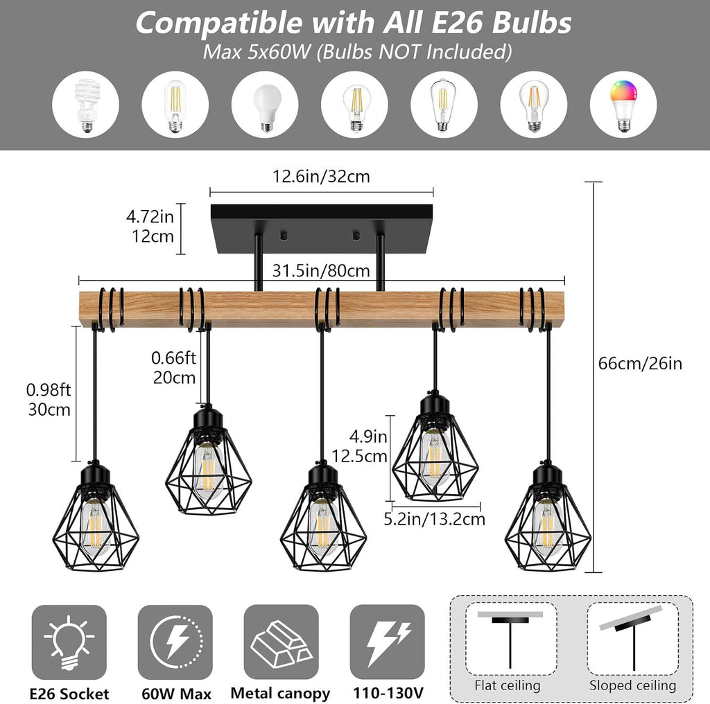 5-Lights Farmhouse Hanging Pendant Light, Dinng Room Light Fixtures for Kitchen Island Lighting Over Table, Black Rustic Wood Ceiling Pendant Lights with Metal Shade for Living Room, Foyer