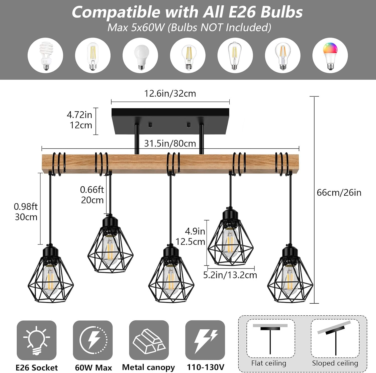 5-Lights Farmhouse Hanging Pendant Light, Dinng Room Light Fixtures for Kitchen Island Lighting Over Table, Black Rustic Wood Ceiling Pendant Lights with Metal Shade for Living Room, Foyer