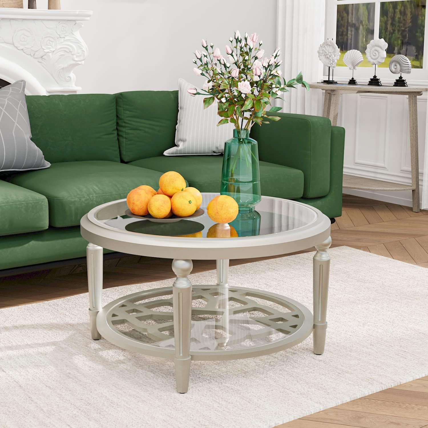 SUNBURY Glass Coffee Table, 32' Round Coffee Table, Glass Side Table, Lightweight Accent End Table for Living Room, Bedroom, Dinning