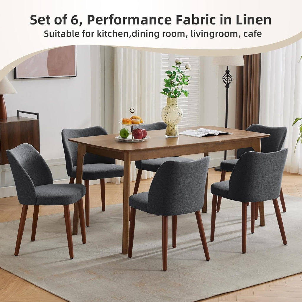GarveeHome Linen Dining Chairs Set of 4 Upholstered Fabric Dining Chair with Wood Legs, Wing Backrest, Wooden Kitchen Chairs with Thick Cushions, Leveling Feet for Dining Room, Living Room, Dark Grey