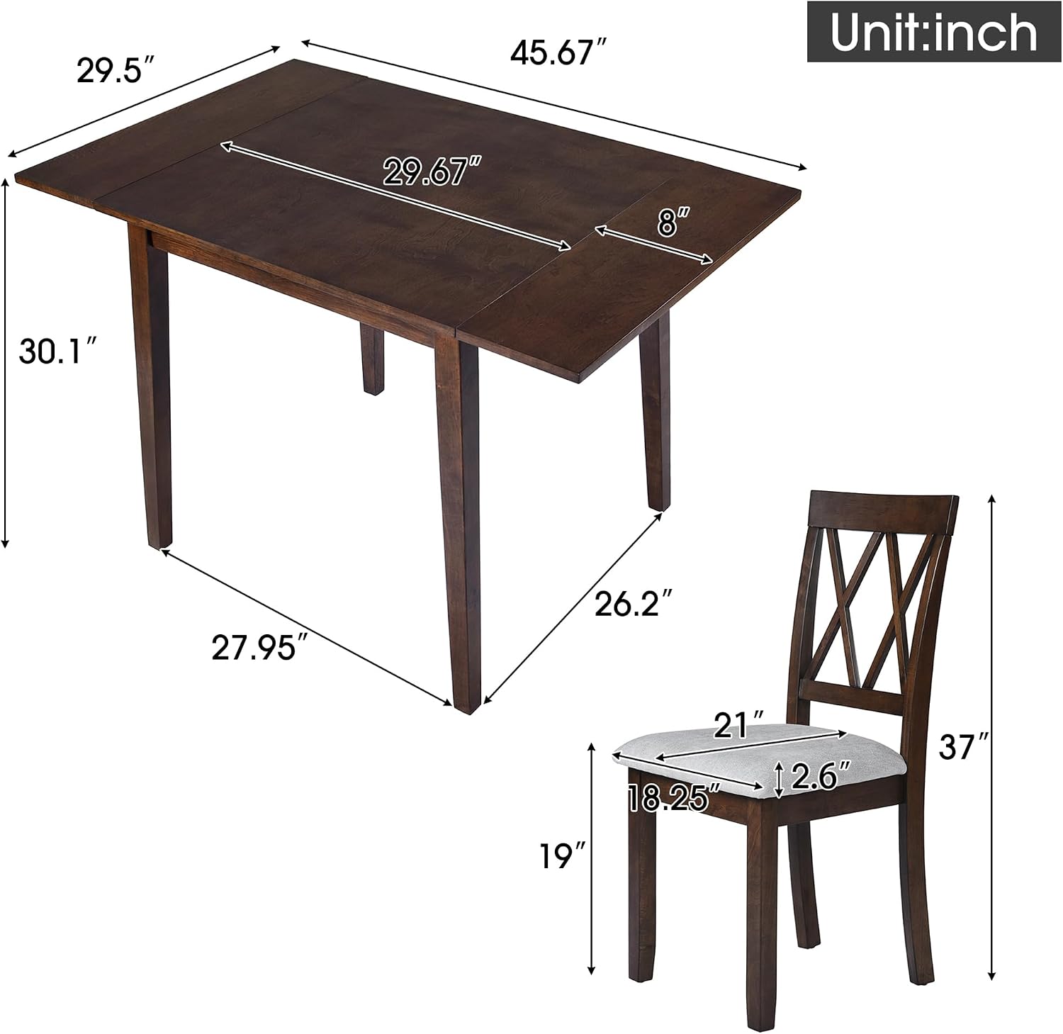 Harper & Bright Designs 5-Piece Wood Drop Leaf Dining Table Set with 4 X-Back Chairs, Space-Saving Breakfast Nook Dining Set, Brown + Grey Cushion