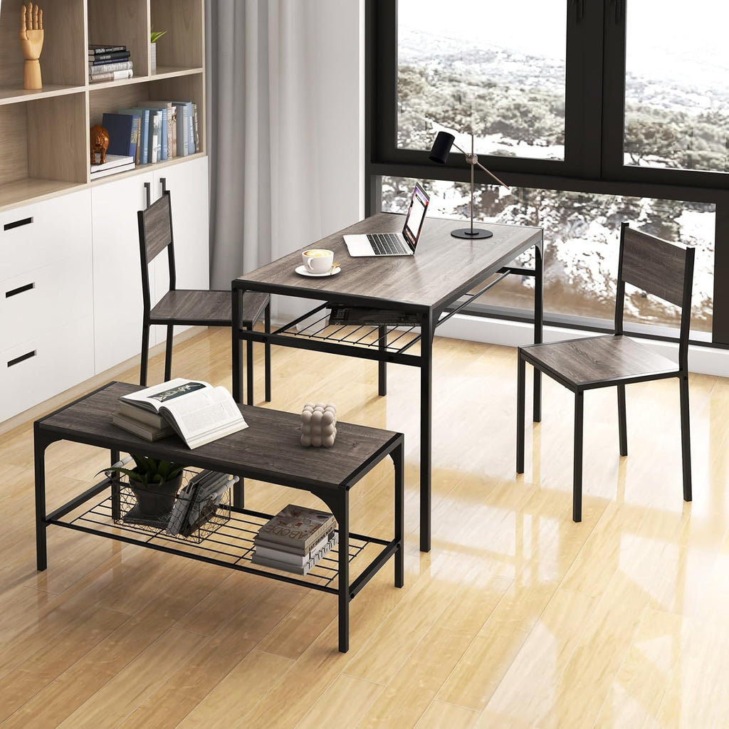 COSTWAY 4 Pieces Dining Table Set, Kitchen Table and 2 Chairs for 4 with Bench, Storage Racks, Metal Frame & Space-saving Design, Industrial Kitchen Table Set for Small Space, Apartment (Black & Grey)