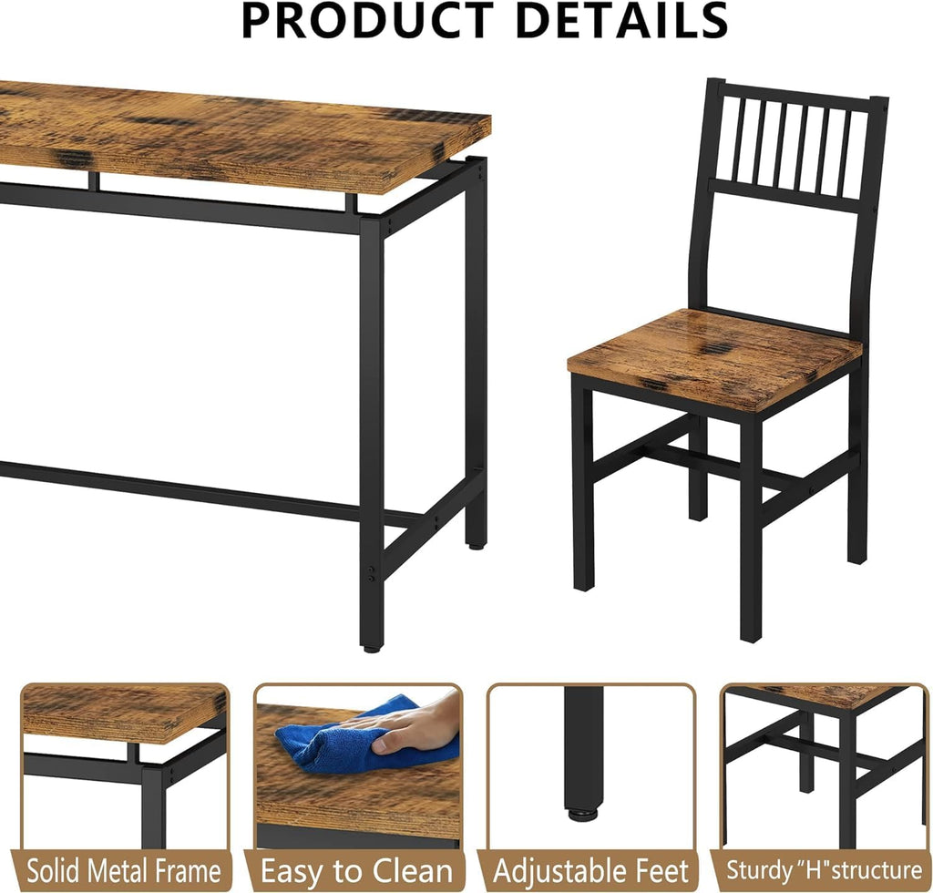 AWQM 47.2 Inch Dining Table Set for 4,Industrial Table with 4 Curved Chairs Set,5-Piece Rectangular Kitchen Table Set for Dining Room,Breakfast Nook,Small Space