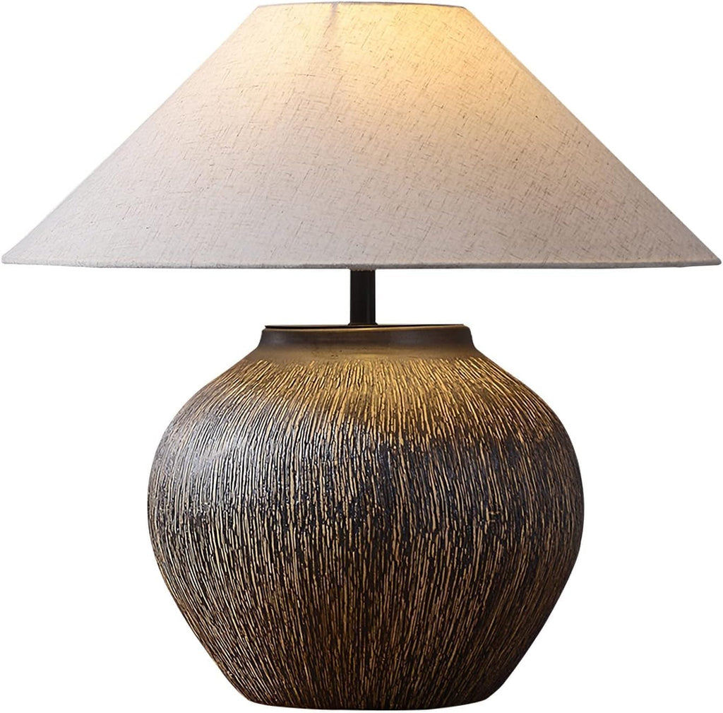 Rustic Farmhouse Table Lamp 20.8' Neutral Ceramic Table Lamp Brown White Checkered Ceramic with Linen Drum Shade Decor Bedside Nightstand for Living Room Bedroom (Small)