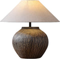 Rustic Farmhouse Table Lamp 20.8' Neutral Ceramic Table Lamp Brown White Checkered Ceramic with Linen Drum Shade Decor Bedside Nightstand for Living Room Bedroom (Small)