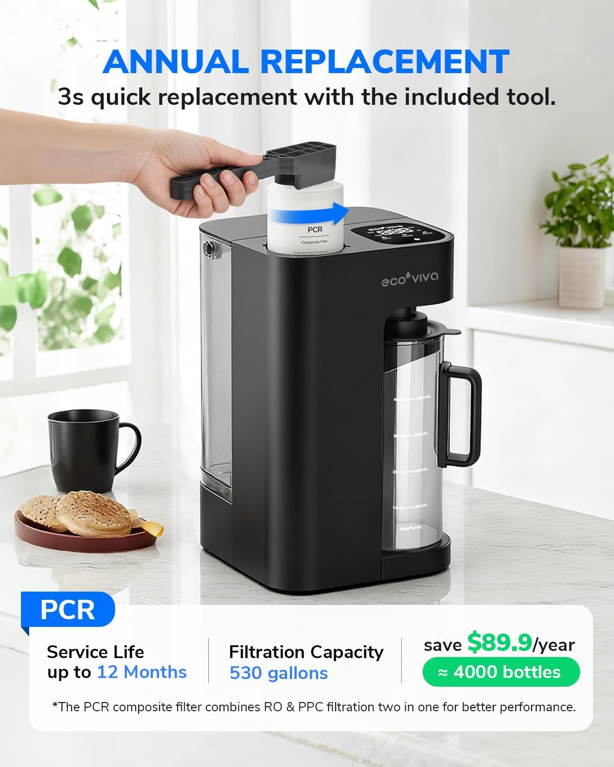 Ecoviva Mate 3 UV Countertop Reverse Osmosis Water Filter with 2 Auto-Fill Pitchers, 9-Stage RO Filtration System, Installation-Free, Reduces TDS, 3:1 Pure-to-Drain Ratio, Home & Kitchen, Black
