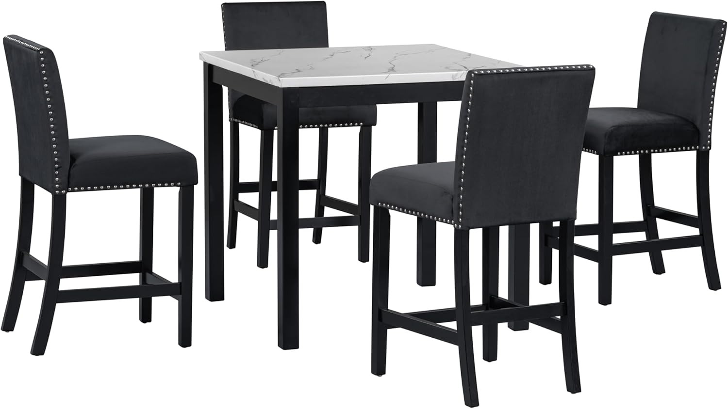 Merax Dining Table Set for 4, Counter Height Kitchen Table with Faux Marble Dining Table and 4 Upholstered-Seat Chairs, 5 Piece Dining Room Set, Black