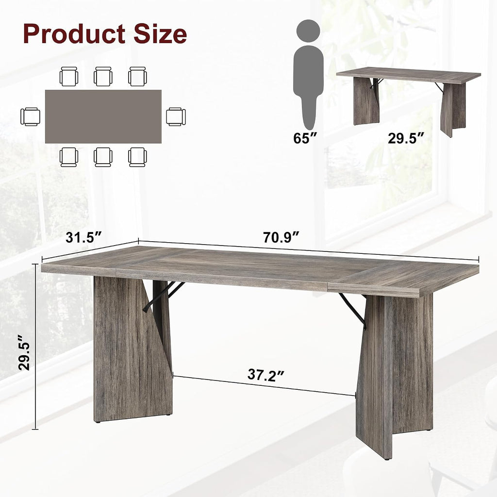 GarveeHome 70.9'' Rectangular Dining Table for 6-8, Wooden Thickened Long Desk, Farmhouse Kichen Table with Sturdy Frame and M-Shaped Legs, for Dining Room, Kitchen, Living Room, Office, Grey