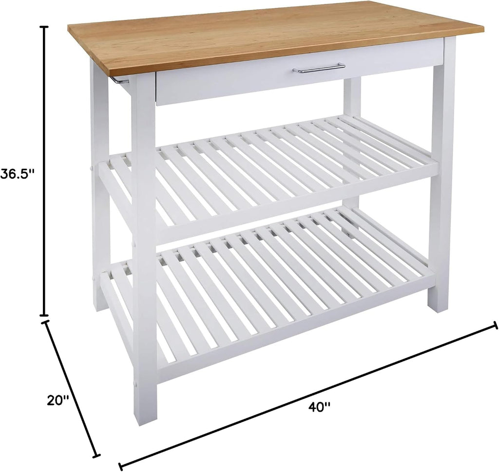 Kitchen Island with Solid Wood Top, White & Cherry Natural