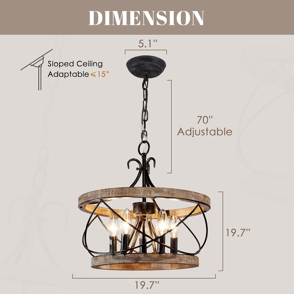 20' Farmhouse Chandelier, Rustic Drum Chandelier Light Fixture Over Table, 5-Light Pendent Light for Dining Room Vintage Wood Chandelier for Bedroom Hanging Lamp for Kitchen
