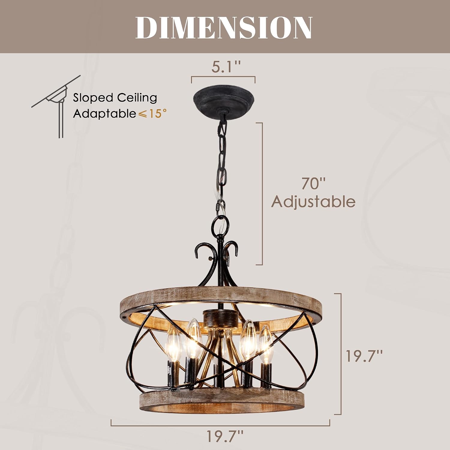 20' Farmhouse Chandelier, Rustic Drum Chandelier Light Fixture Over Table, 5-Light Pendent Light for Dining Room Vintage Wood Chandelier for Bedroom Hanging Lamp for Kitchen