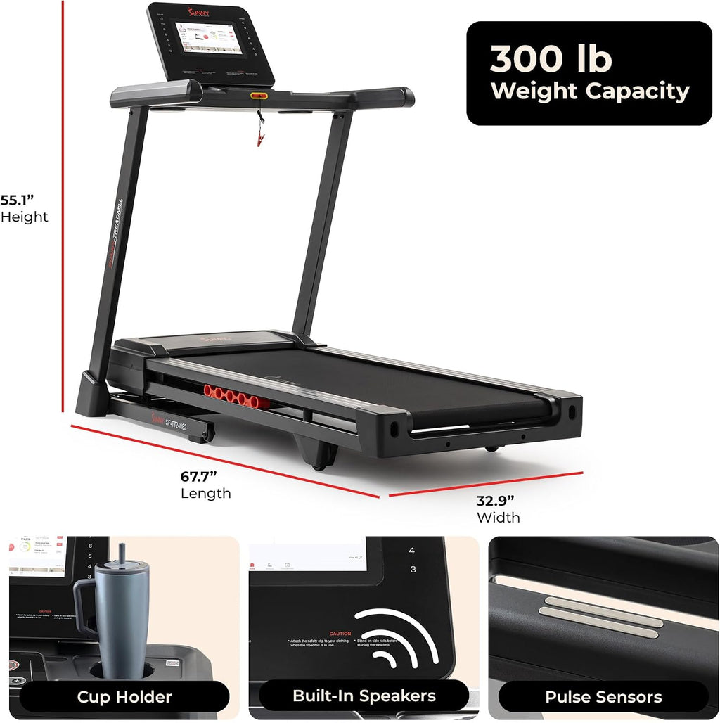 Sunny Health & Fitness Exercise Treadmills Double Deck Sizes and Incline Features with Bluetooth & SunnyFit App