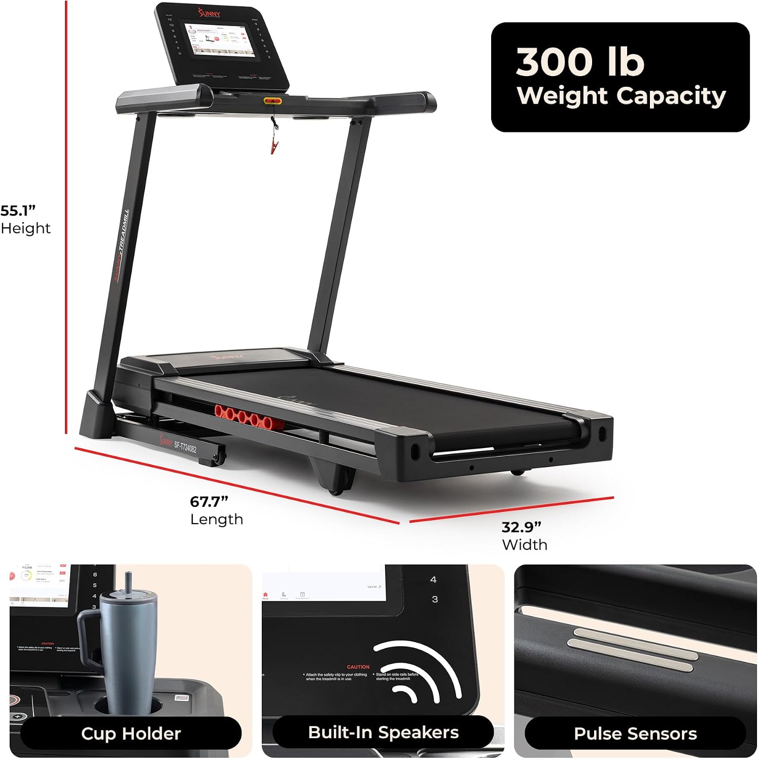 Sunny Health & Fitness Exercise Treadmills Double Deck Sizes and Incline Features with Bluetooth & SunnyFit App