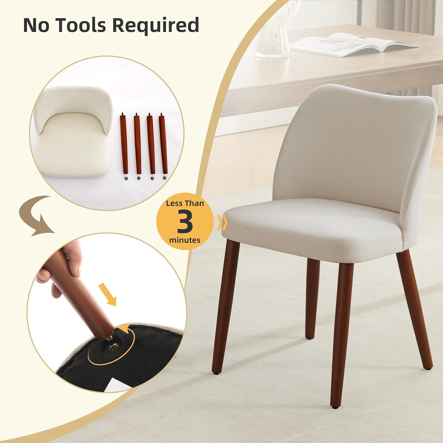 GarveeHome Linen Dining Chair Set of 4 Upholstered Fabric Dining Chair with Wood Legs, Wing Backrest, Wooden Kitchen Chairs with Thick Cushions, Leveling Feet for Dining Room, Living Room, White