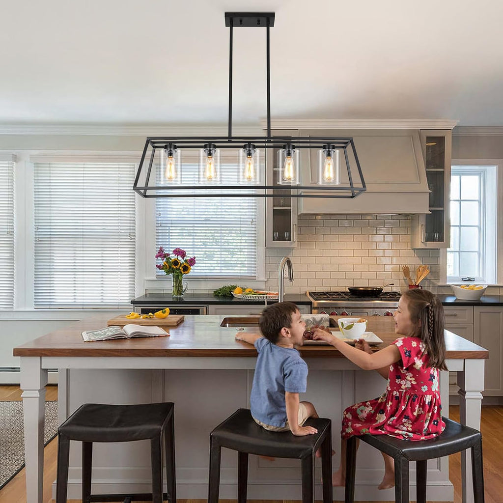 Kitchen Island Lighting,5-Light Black Chandeliers for Dining Room Light Fixtures Over Table, Farmhouse Rectangle Chandelier Island Lights for Kitchen with Cylinder Clear Glass