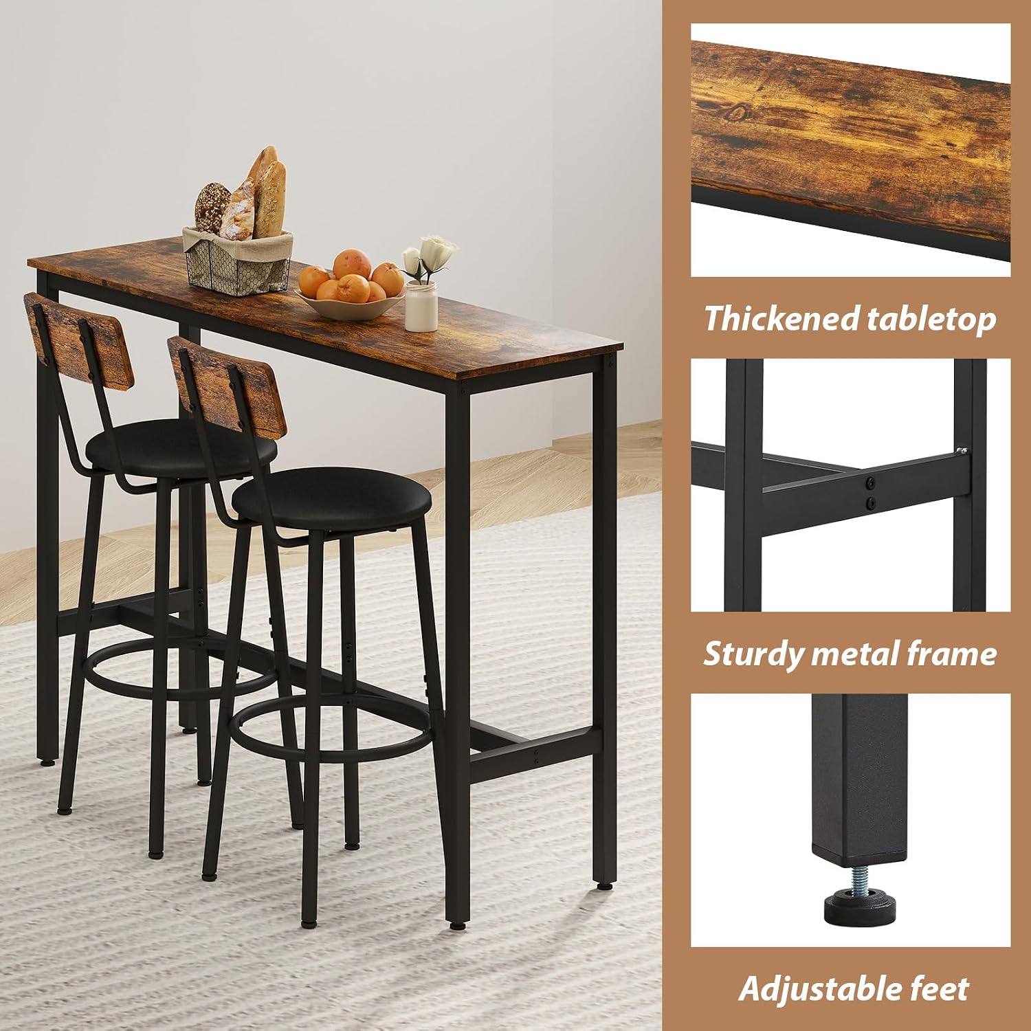 Zevemomo Dining Table Set for 2, 3-Piece Bar Table and Chairs Set, Kitchen Table and Chairs, High Top Table with 2 PU Upholstered Stools, Space-Saving Pub Table Sets for Small Space, Brown