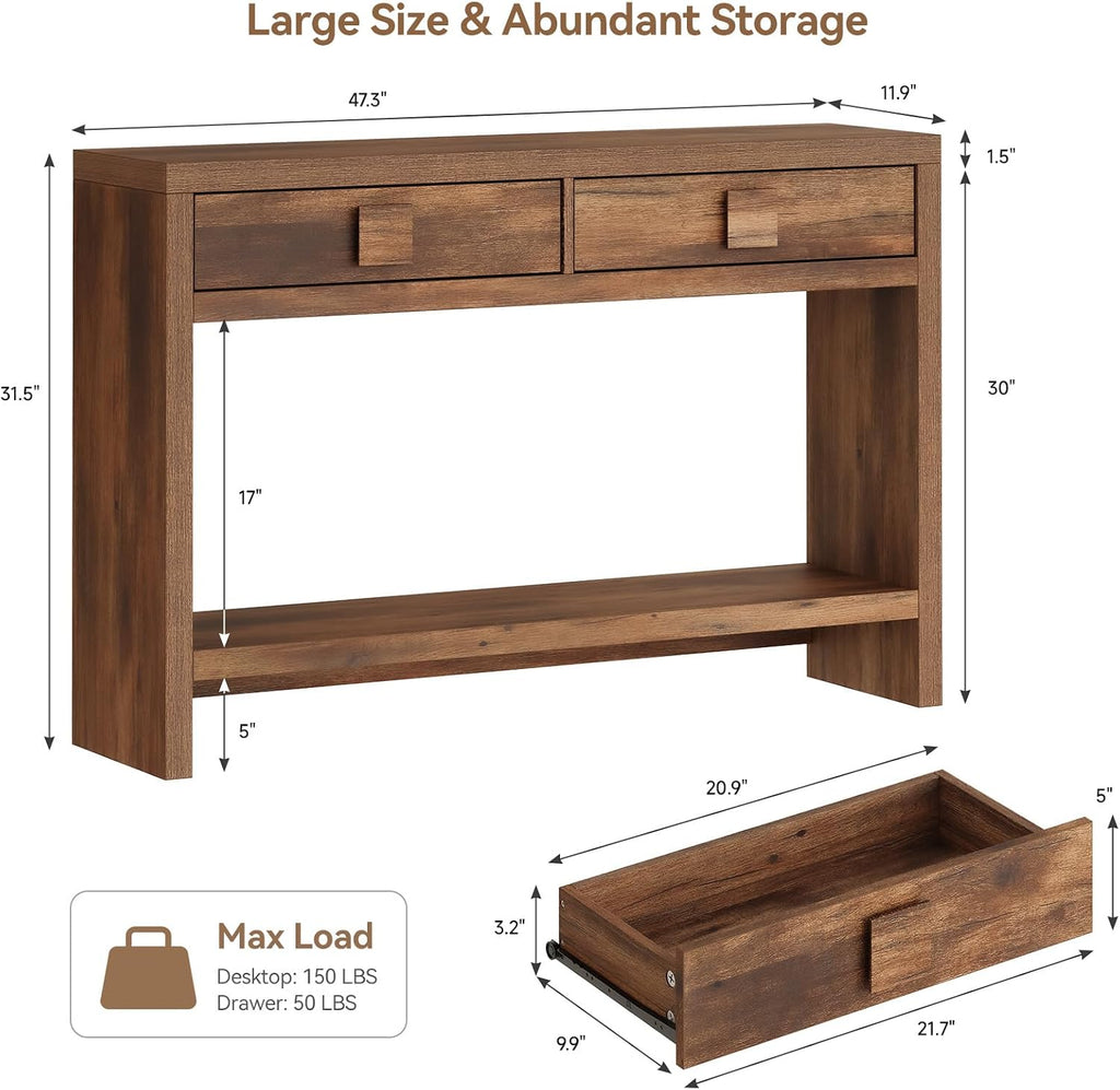ONBRILL Console Table with Drawers, 47 Inch Narrow Entryway Table with Open Storage Shelves, Mid Century Modern Hallway Accent Tables Behind Couch Table for Living Room (Vintage Brown)