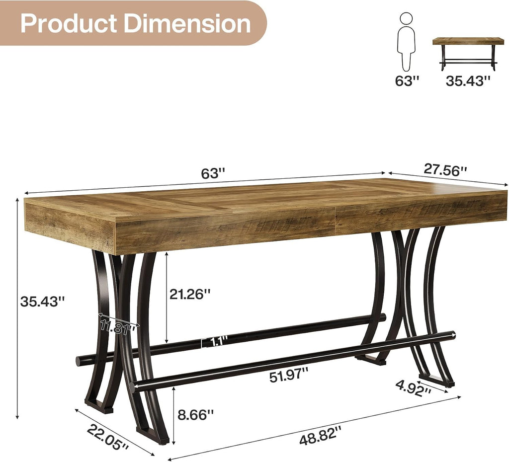 Tribesigns 63' Counter Height Bar Table with Metal Footrest, Rectangular Tall Kitchen Dining Pub Table, Industrial Home Bar Unit for Entertaining, Freestanding, Dark Brown