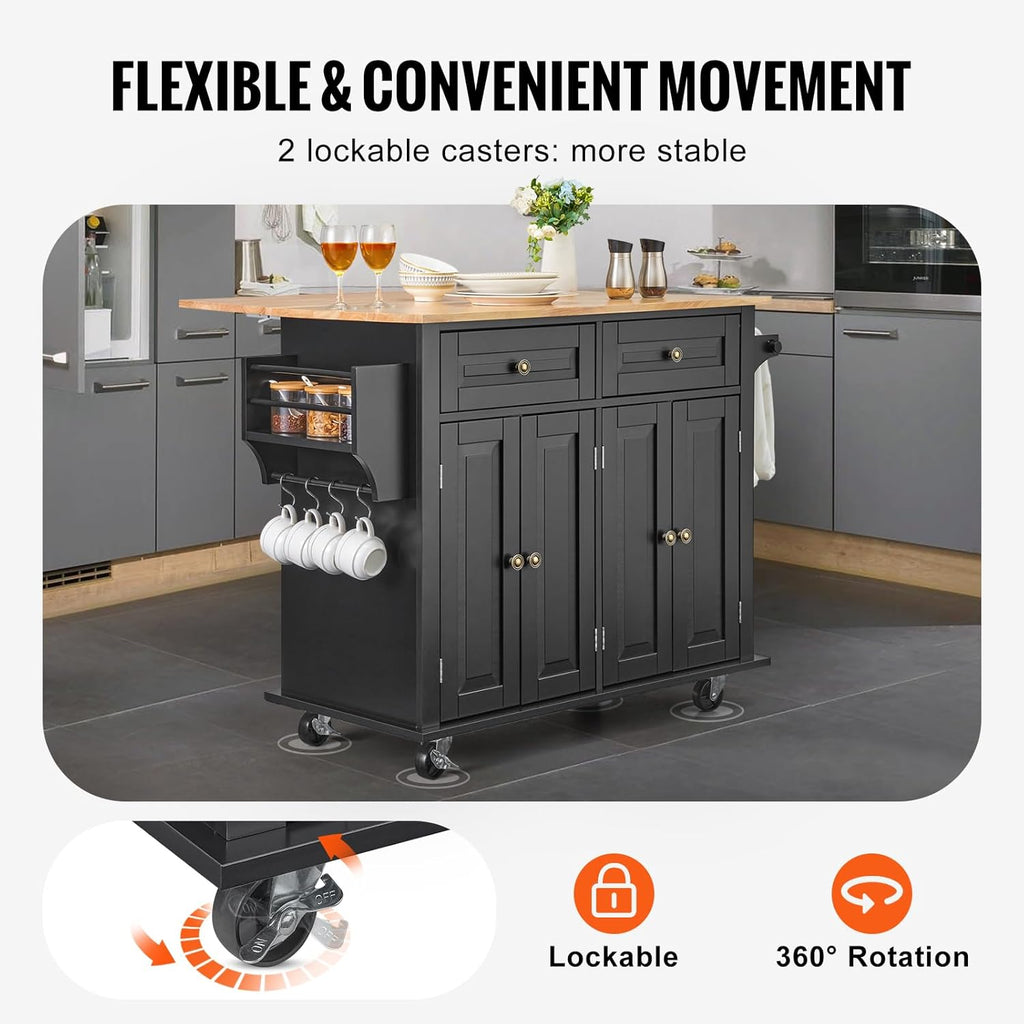 VEVOR Kitchen Island Cart, 35' Wood Top Mobile Carts with Storage Cabinet, Rolling Table with Drop Leaf, Spice Rack, Towel Bar, Adjustable Shelf, Drawer, and Hooks, Portable Islands on Wheels, Black