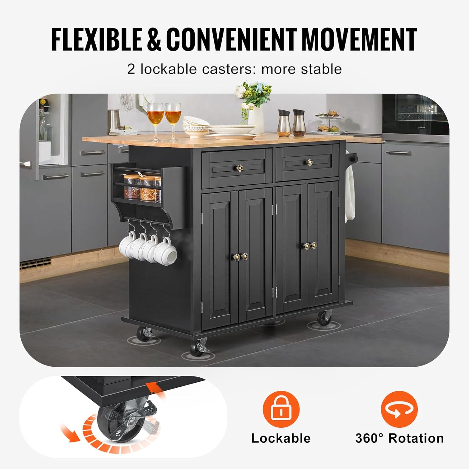 VEVOR Kitchen Island Cart, 35' Wood Top Mobile Carts with Storage Cabinet, Rolling Table with Drop Leaf, Spice Rack, Towel Bar, Adjustable Shelf, Drawer, and Hooks, Portable Islands on Wheels, Black