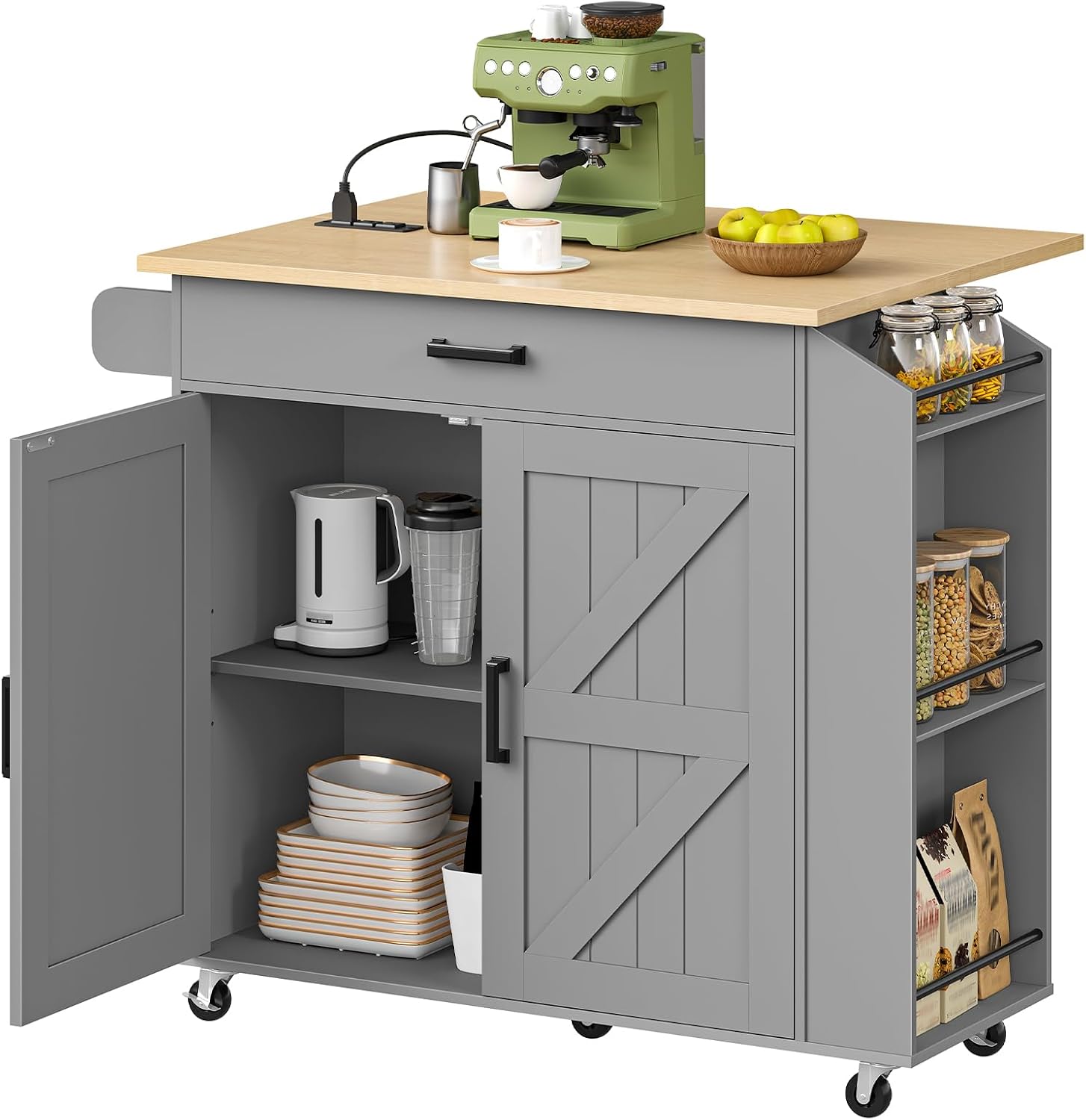 HOOBRO Kitchen Island with Drop Leaf Countertop & Power Outlet, Rolling Island Cart on Wheels, Kitchen Cart with Drawer & Spice Rack, Mobile Island Table for Kitchen, Natural and Grey GN86UZD01