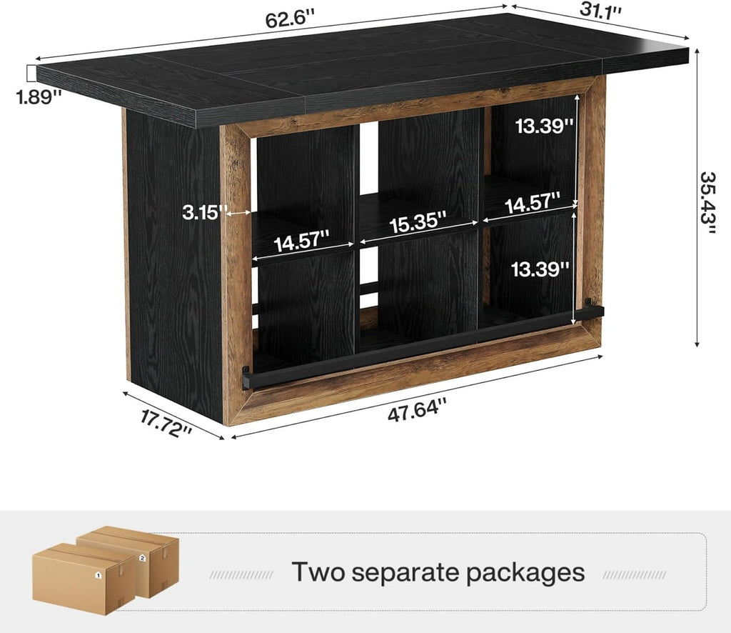 Tribesigns Kitchen Island with Storage, Counter Height Kitchen Island Table with 6 Open Cubbies and Footrests, Coffee Bar Table for Dining Room, Black&Brown
