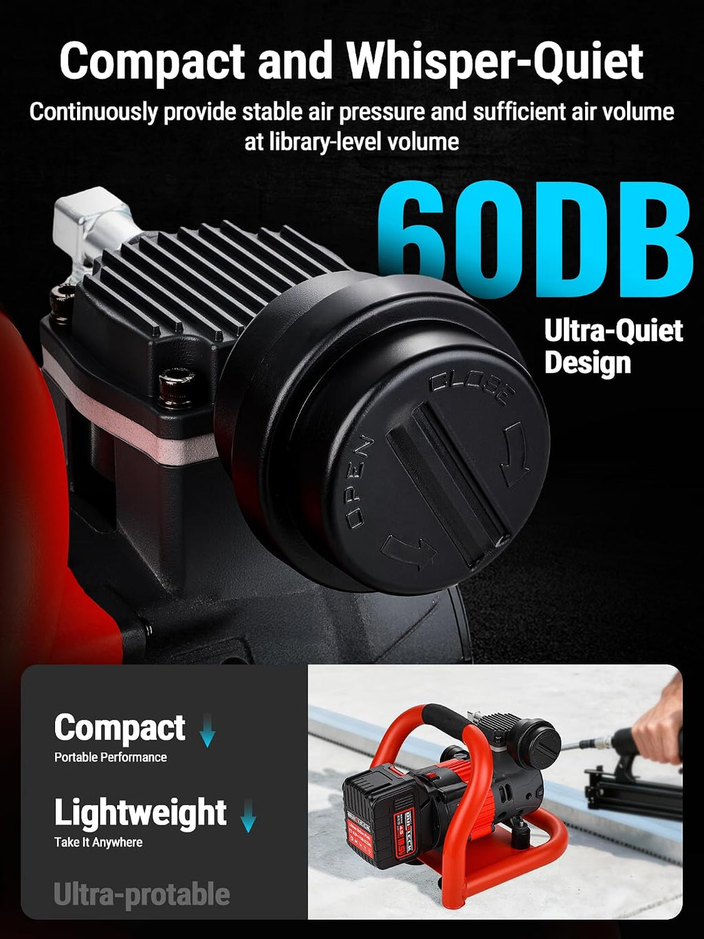 Ultra Quiet Cordless Air Compressor Compatible with for Makita Battery,Portable Air Compressor Oil Free 18V 18.5V 21V,60dB,Small Lightweight Universal for Woodwork Nailing Car Pneumatic Tool