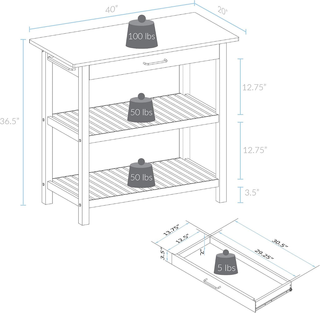 Casual Home Solid Wood Kitchen Island, Natural Maple Top, White Base (New) 40*20*36.5inch
