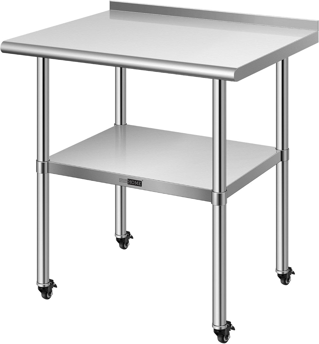 VIVOHOME 24 x 30 Inch Stainless Steel Work Table with Backsplash, Prep Commercial Table with Wheels for Restaurant, Hotel, Home and Warehouse