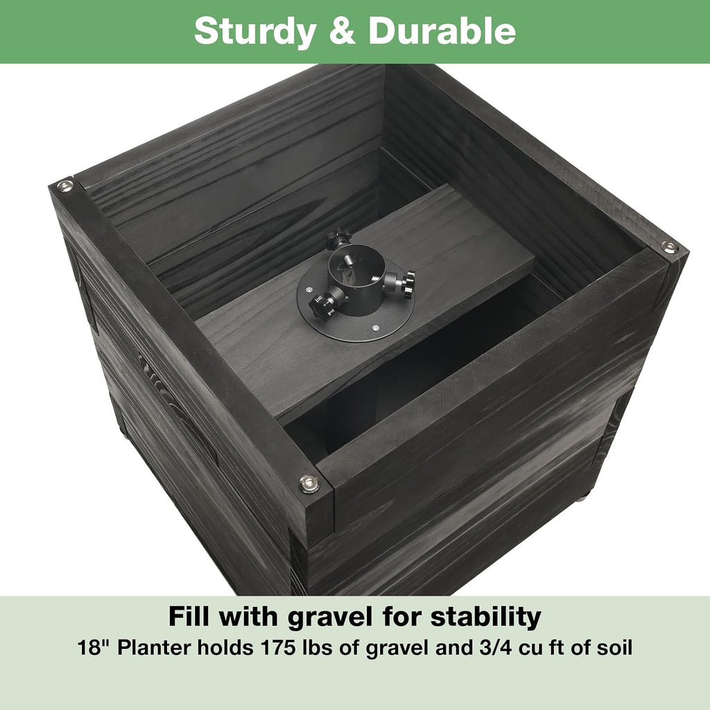 Extra Large Decorative Wooden Planter w/ Universal Pole Support for String Light Poles, Umbrellas, Bird Feeders. Solid Wood Outdoor Garden Box for Plants(Does not include Pole), 17'x17'x18', Black