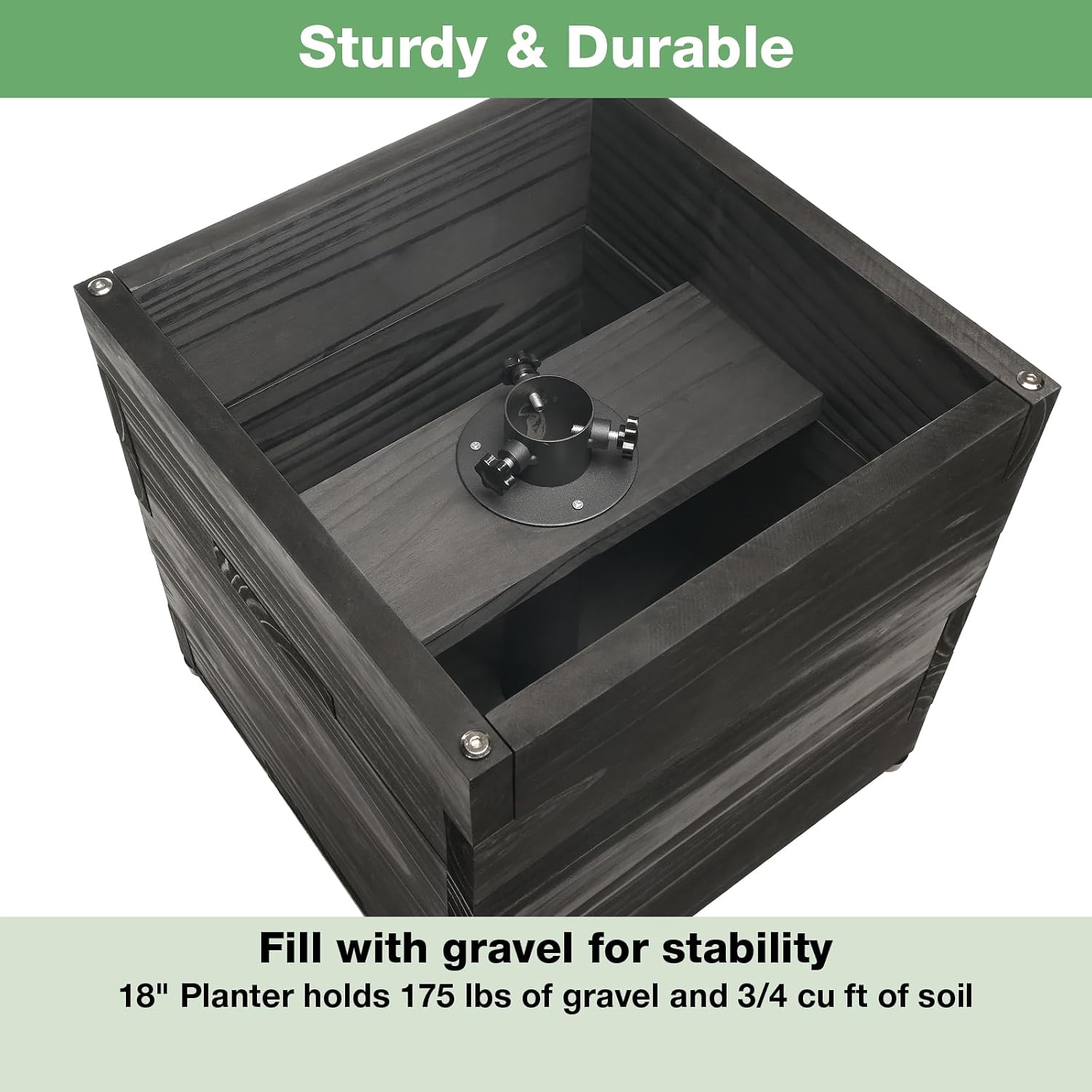 Extra Large Decorative Wooden Planter w/ Universal Pole Support for String Light Poles, Umbrellas, Bird Feeders. Solid Wood Outdoor Garden Box for Plants(Does not include Pole), 17'x17'x18', Black