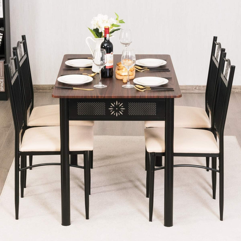 Tangkula 5 Pieces Dining Table and Chairs Set, Vintage Retro Wood Top Metal Frame Padded Seat Dining Table Set Home Kitchen Dining Room Furniture