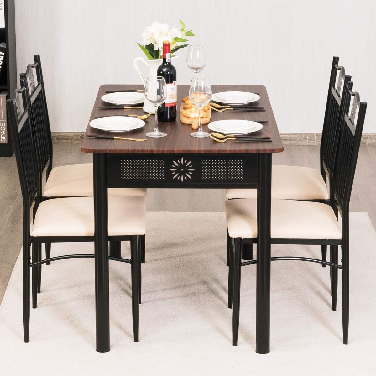 Tangkula 5 Pieces Dining Table and Chairs Set, Vintage Retro Wood Top Metal Frame Padded Seat Dining Table Set Home Kitchen Dining Room Furniture